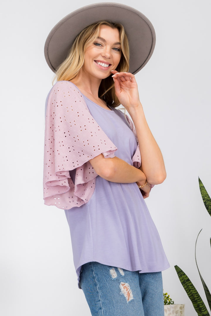 Celeste Full Size Contrast Eyelet Ruffle Sleeve Blouse-100 Short Sleeve Tops-Inspired by Justeen-Women's Clothing Boutique in Chicago, Illinois