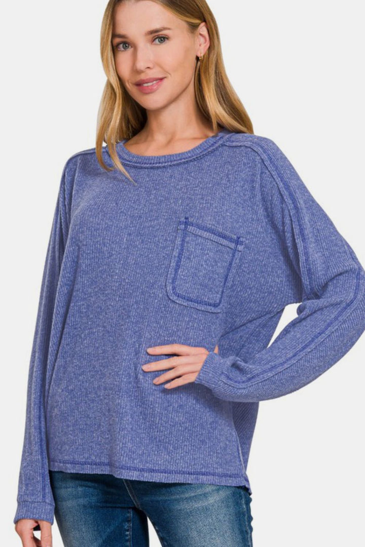 Zenana Full Size Contrast Stitching Brushed Ribbed Hacci Knit Top-110 Long Sleeve Tops-Inspired by Justeen-Women's Clothing Boutique