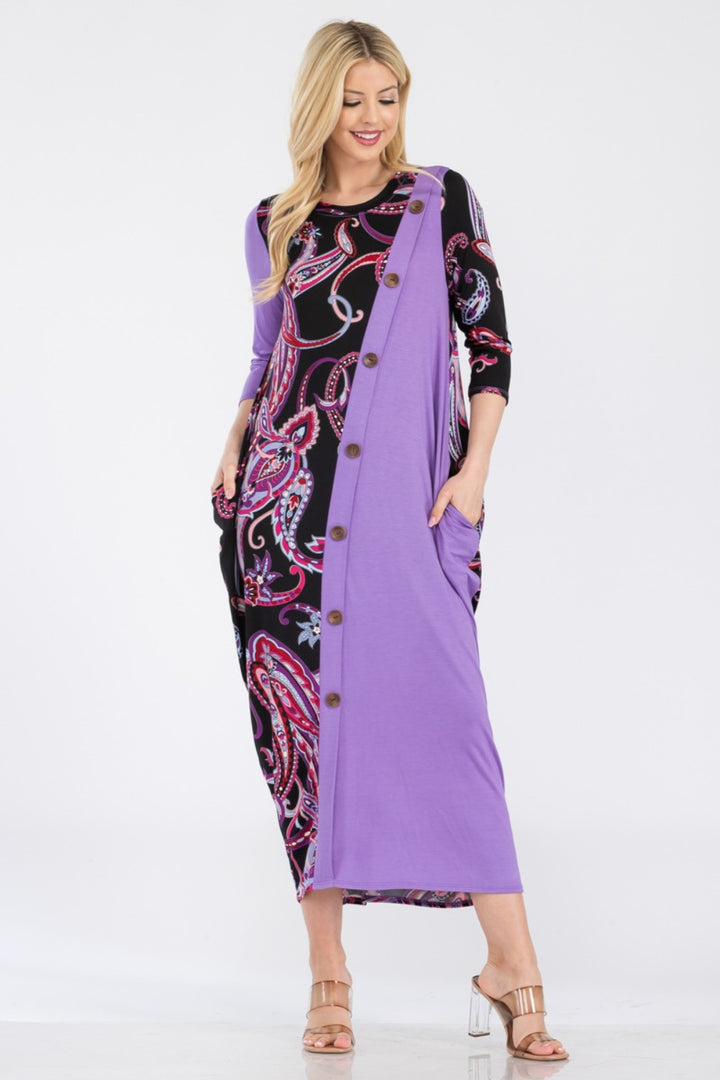 Celeste Full Size Paisley Contrast Midi Dress with Pockets-Dresses-Inspired by Justeen-Women's Clothing Boutique