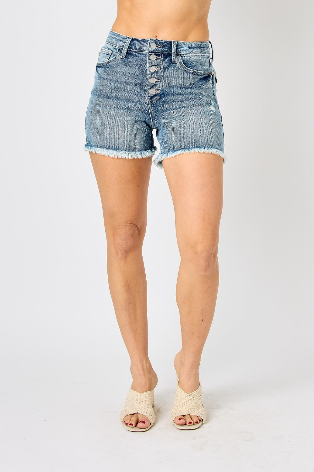 Judy Blue Full Size Button Fly Raw Hem Denim Shorts-Denim-Inspired by Justeen-Women's Clothing Boutique in Chicago, Illinois