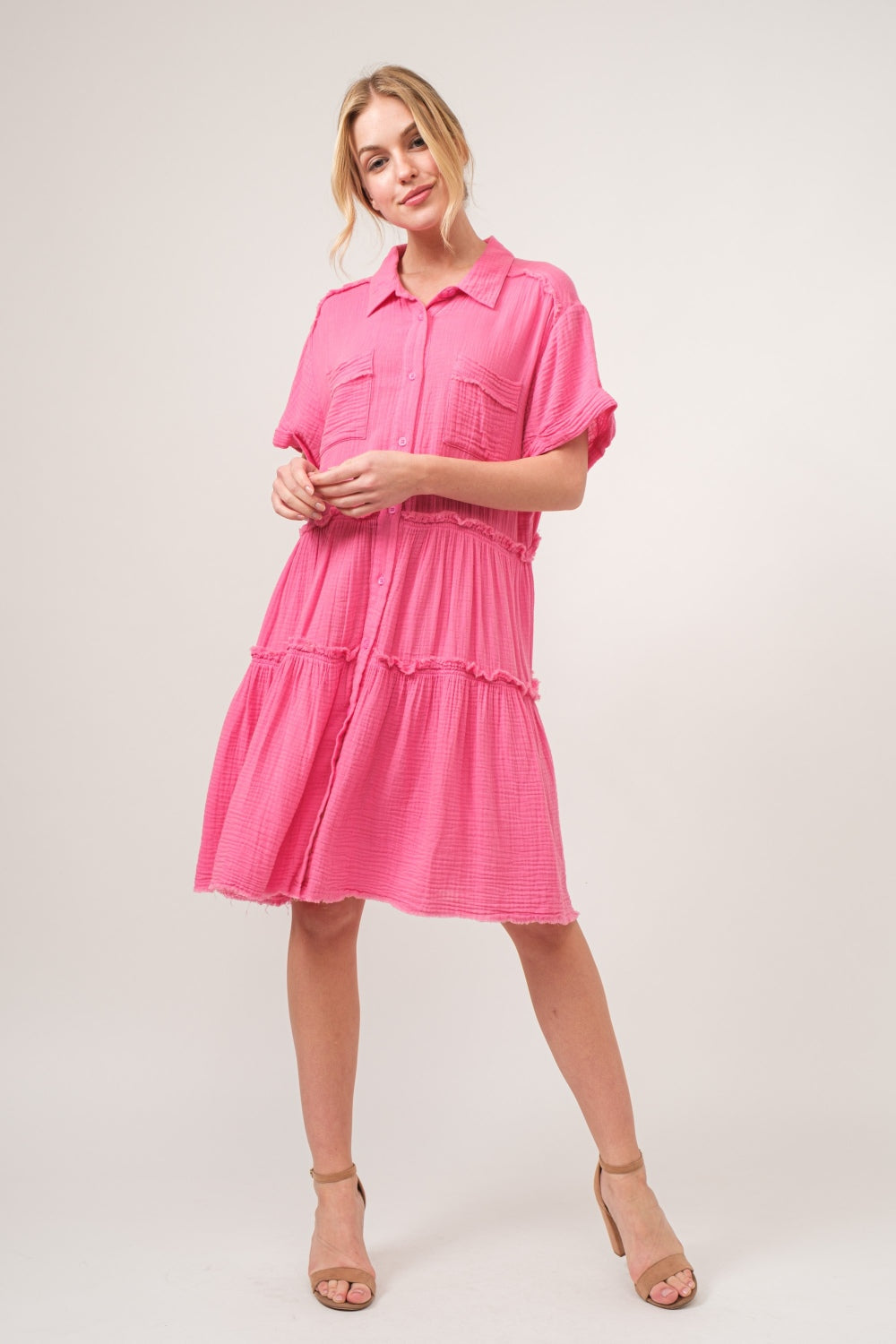 And The Why Full Size Raw Edge Washed Tiered Shirt Dress-Dresses-Inspired by Justeen-Women's Clothing Boutique