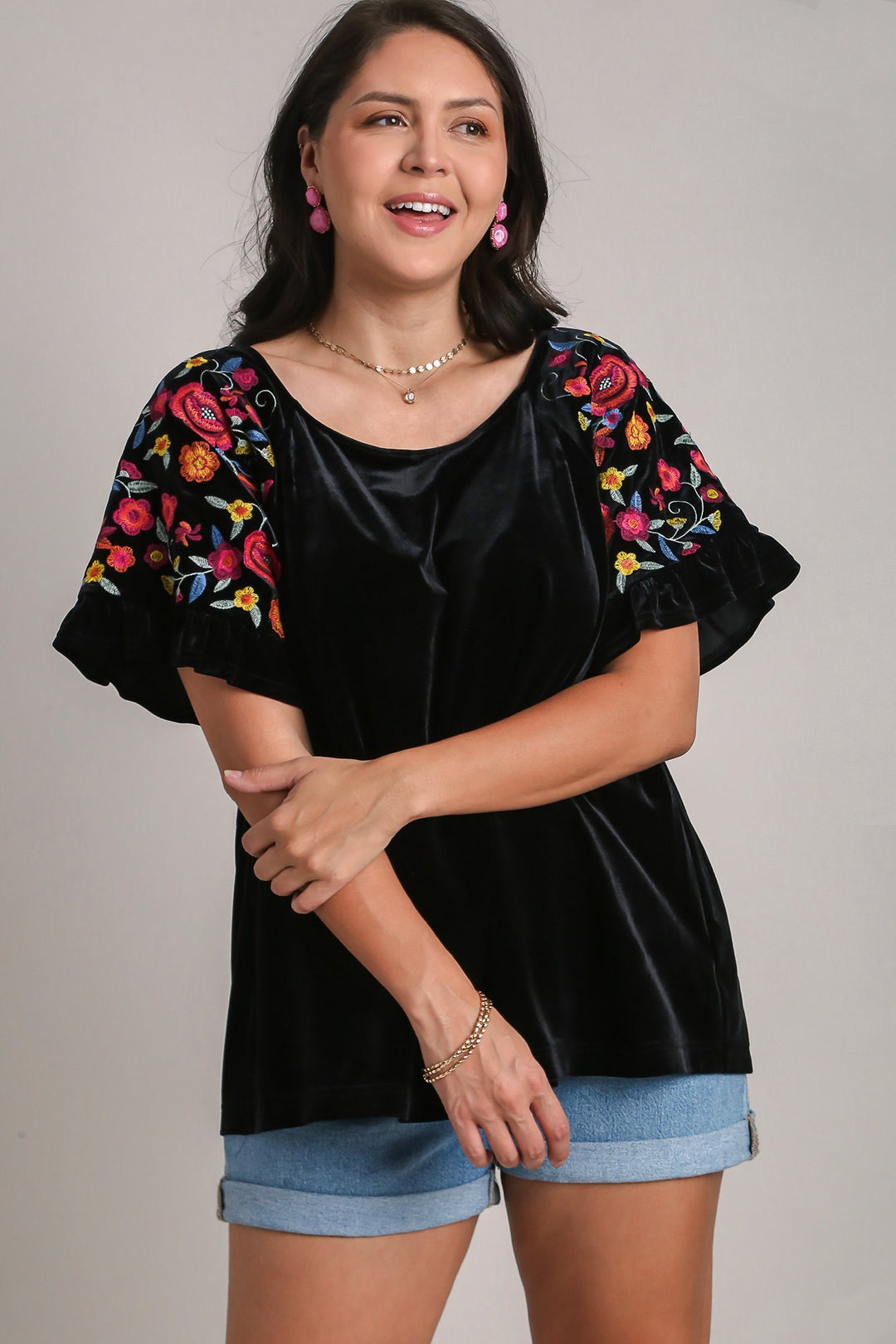 Umgee Full Size Velvet Embroidery Short Sleeve Blouse-100 Short Sleeve Tops-Inspired by Justeen-Women's Clothing Boutique