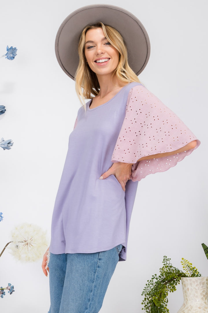 Celeste Full Size Contrast Eyelet Ruffle Sleeve Blouse-100 Short Sleeve Tops-Inspired by Justeen-Women's Clothing Boutique in Chicago, Illinois