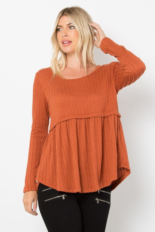 Be Stage Full Size Texture Babydoll Round Neck Long Sleeve Knit Top-110 Long Sleeve Tops-Inspired by Justeen-Women's Clothing Boutique