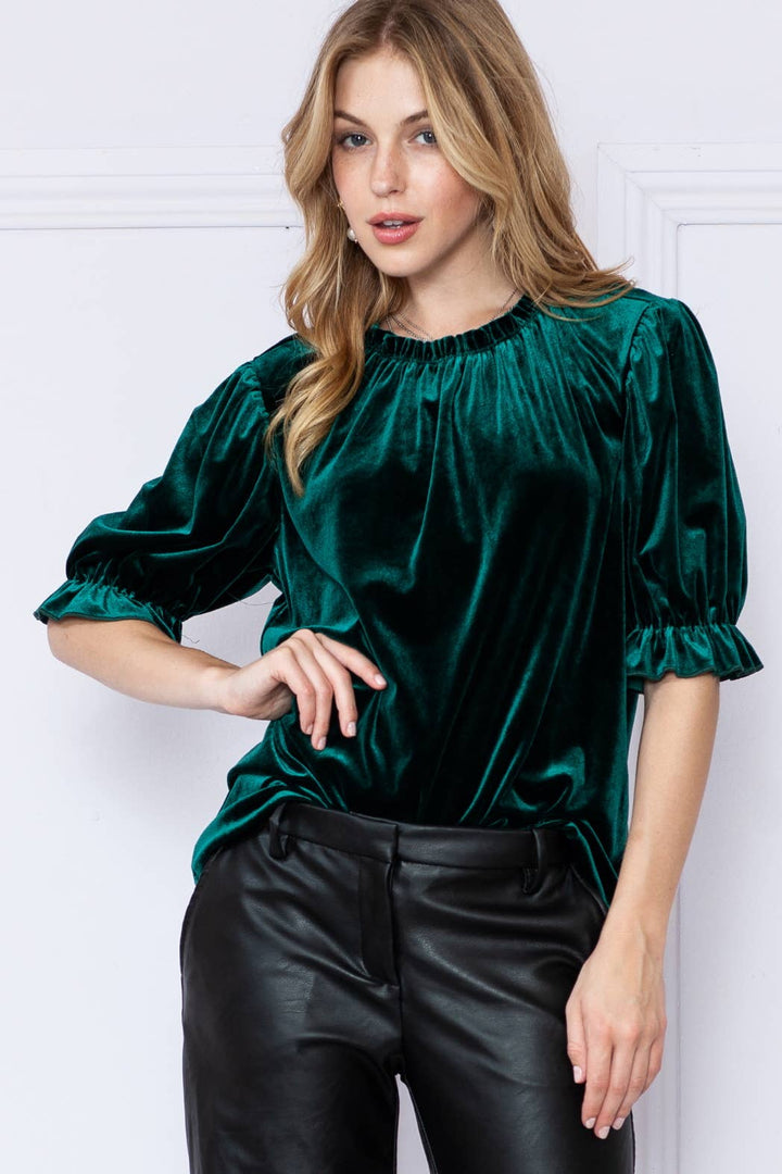 Paulina Velvet Short Sleeve Ruffle Top, Hunter Green-Short Sleeve Tops-Inspired by Justeen-Women's Clothing Boutique in Chicago, Illinois