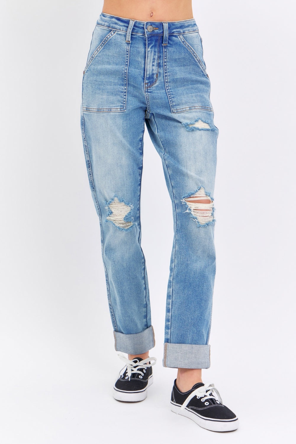 Judy Blue Full Size Distressed Straight Jeans with Patch Pockets-Denim-Inspired by Justeen-Women's Clothing Boutique