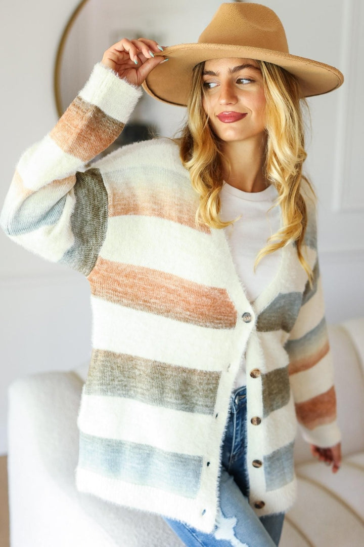 Haptics Full Size Button Down Stripe Soft Fuzzy Sweater Cardigan-Cardigans + Kimonos-Inspired by Justeen-Women's Clothing Boutique