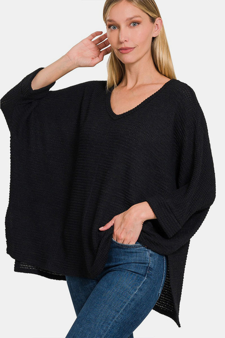 Zenana Full Size Waffle Knit V-Neck Long Sleeve Slit Top-110 Long Sleeve Tops-Inspired by Justeen-Women's Clothing Boutique