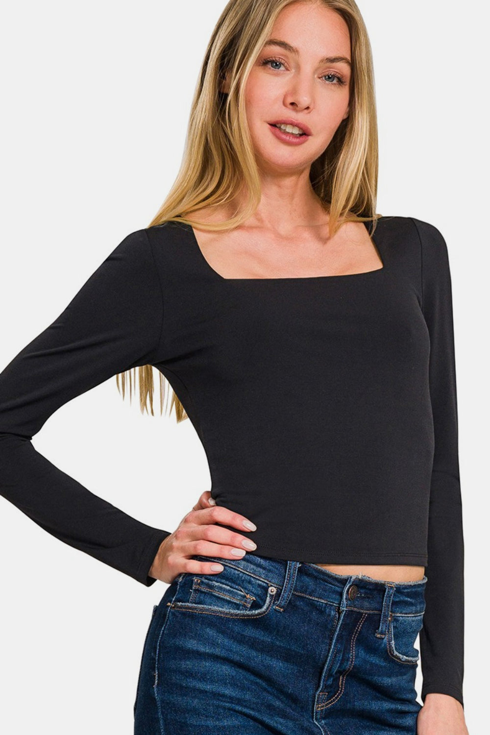 Zenana Square Neck Fitted Long Sleeve T-Shirt-110 Long Sleeve Tops-Inspired by Justeen-Women's Clothing Boutique