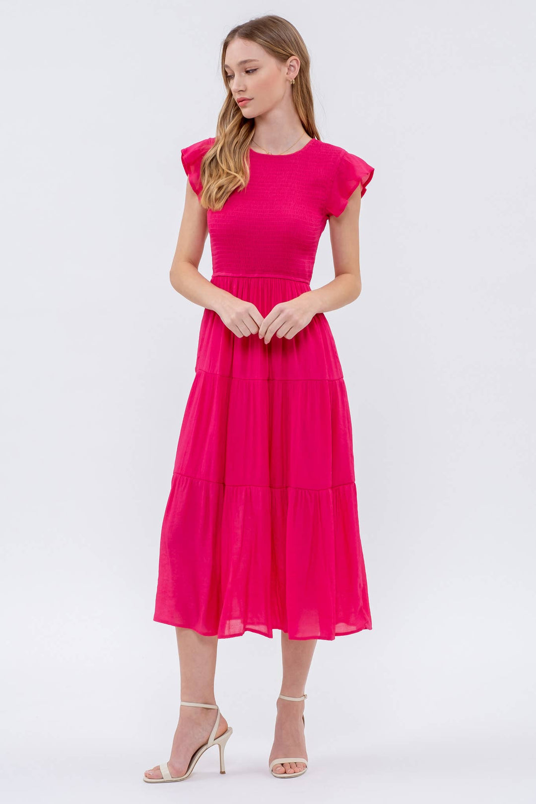 Bonnie Smocked Tiered Midi Dress, Fuchsia-Dresses-Inspired by Justeen-Women's Clothing Boutique in Chicago, Illinois