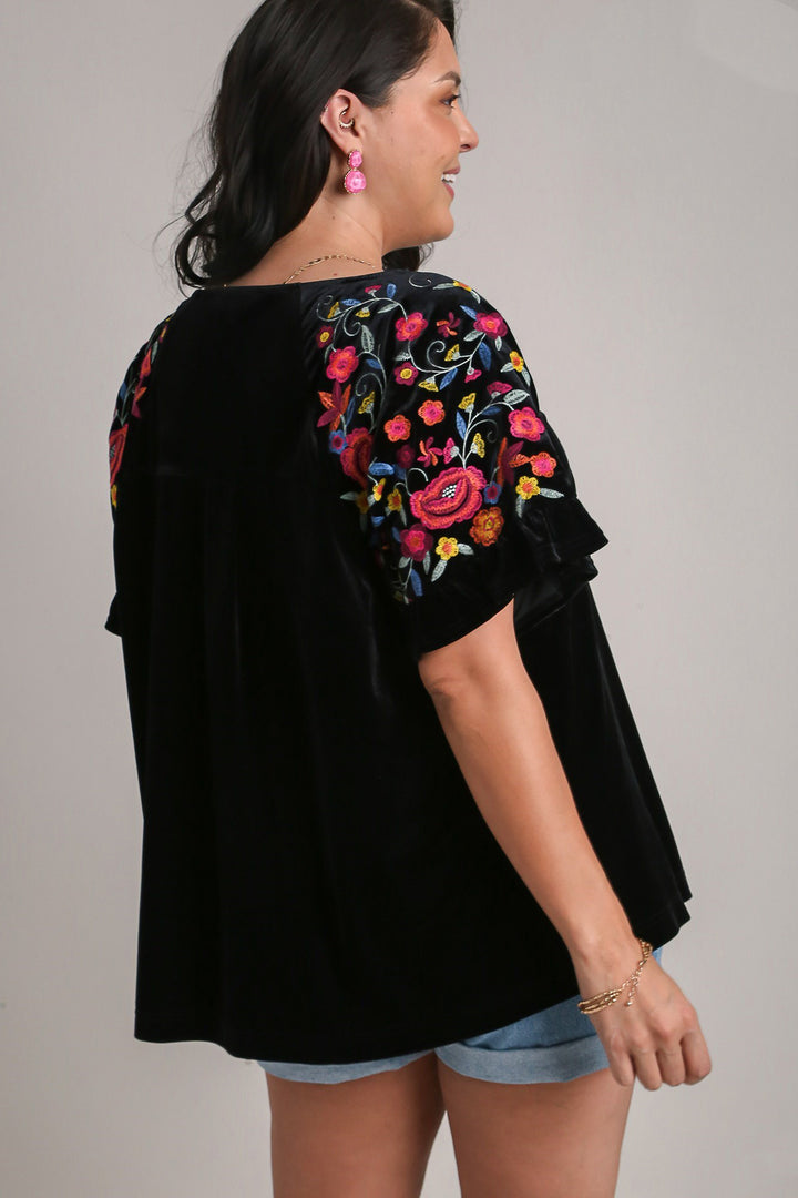 Umgee Full Size Velvet Embroidery Short Sleeve Blouse-100 Short Sleeve Tops-Inspired by Justeen-Women's Clothing Boutique