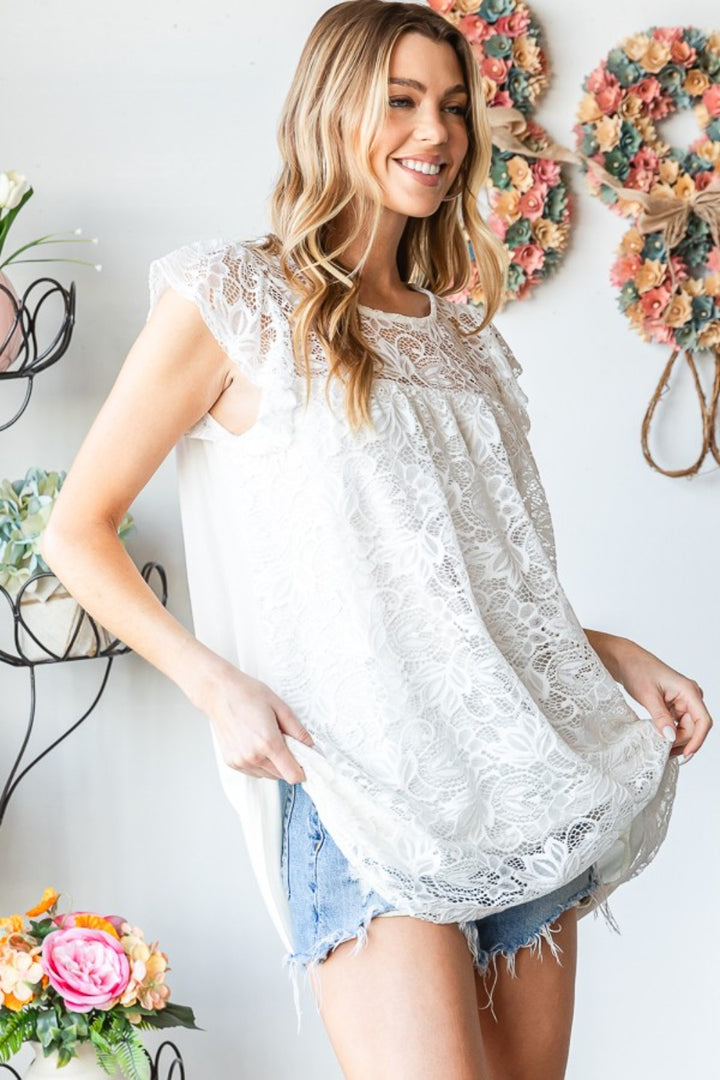 Heimish Full Size Round Neck Cap Sleeve Lace Top-100 Short Sleeve Tops-Inspired by Justeen-Women's Clothing Boutique in Chicago, Illinois