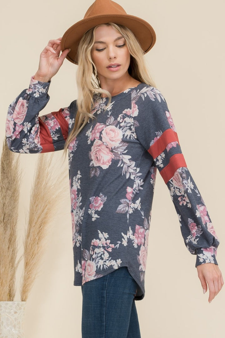 Celeste Full Size Floral Curved Hem T-Shirt with Stripe Detail-110 Long Sleeve Tops-Inspired by Justeen-Women's Clothing Boutique