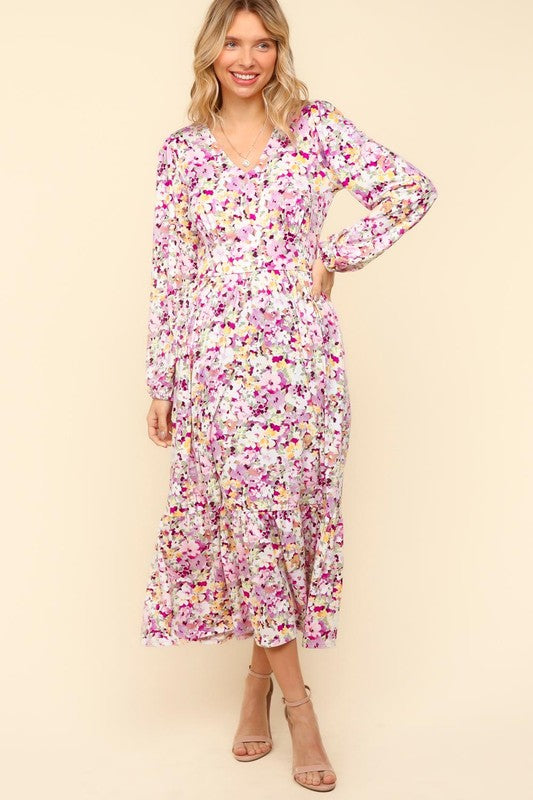 Haptics Full Size Floral V-Neck Long Sleeve Dress with Side Pockets-Dresses-Inspired by Justeen-Women's Clothing Boutique