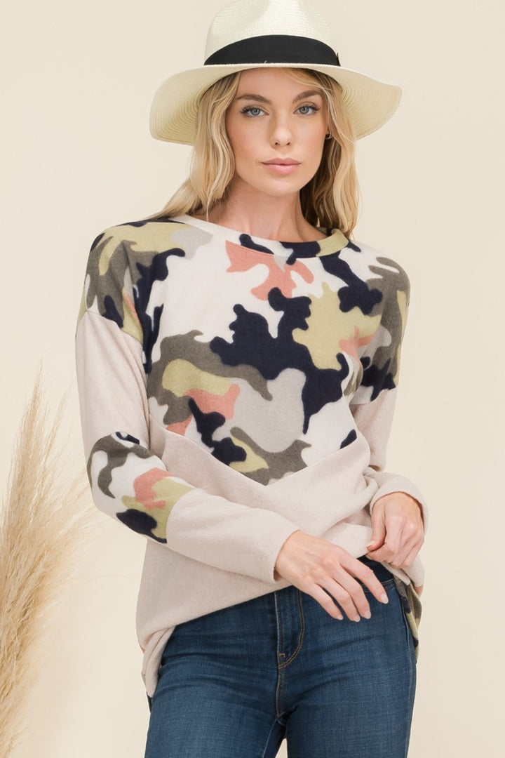 Celeste Full Size Camo Print Contrast Long Sleeve T-Shirt-110 Long Sleeve Tops-Inspired by Justeen-Women's Clothing Boutique