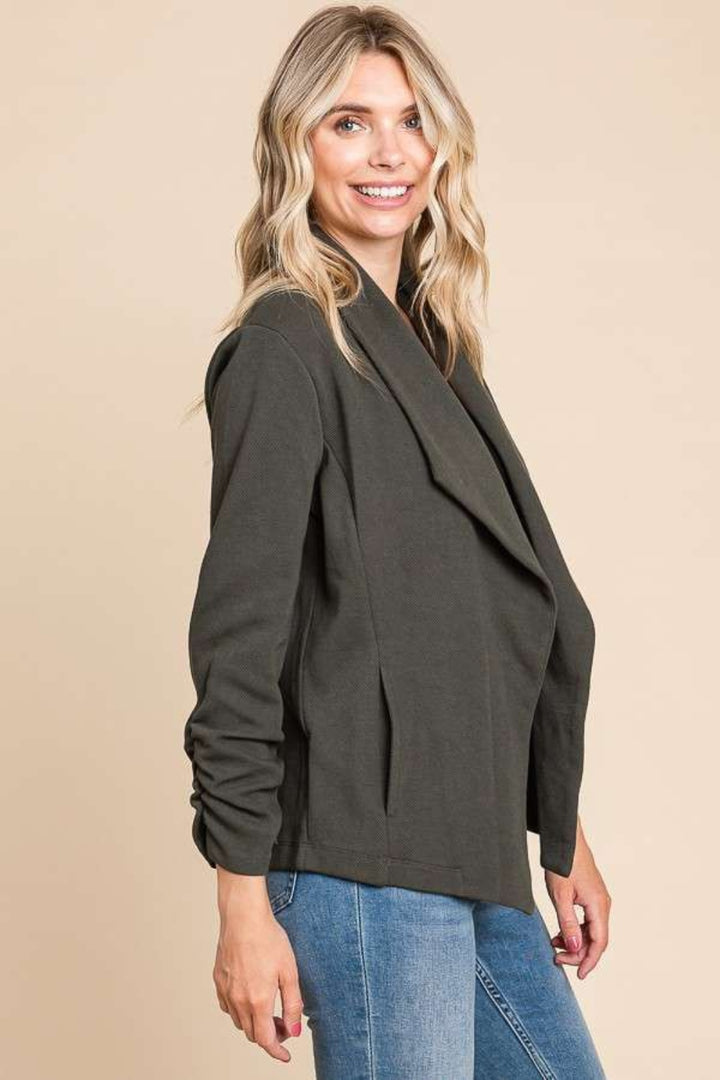 Culture Code Full Size Ruched Open Front Long Sleeve Jacket-Outerwear-Inspired by Justeen-Women's Clothing Boutique in Chicago, Illinois
