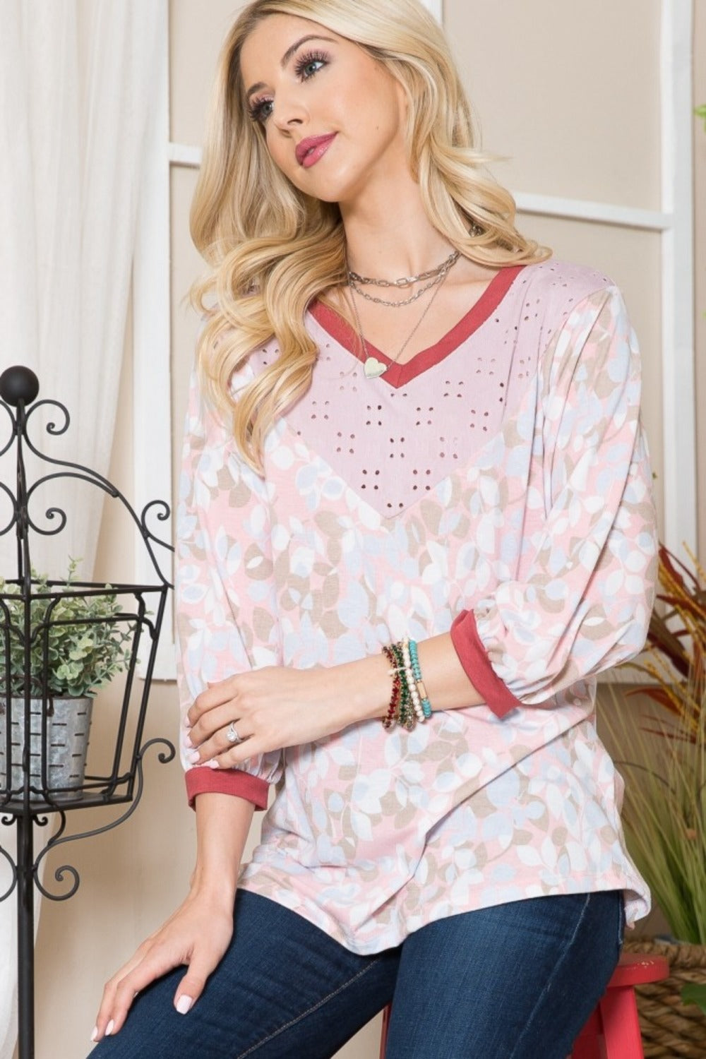 Celeste Full Size Leaf Print Contrast Trim Balloon Sleeve Top-110 Long Sleeve Tops-Inspired by Justeen-Women's Clothing Boutique