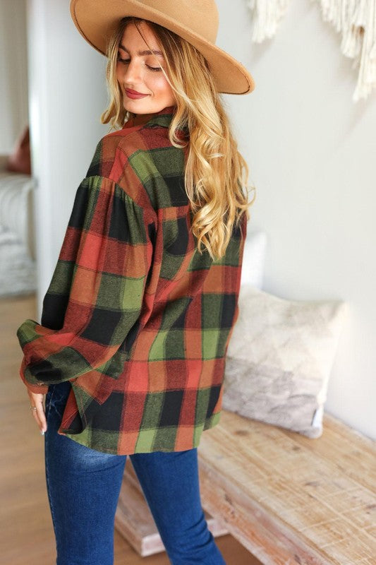 Rock'n Plaid Olive & Rust Button Down Oversized Shirt-Inspired by Justeen-Women's Clothing Boutique