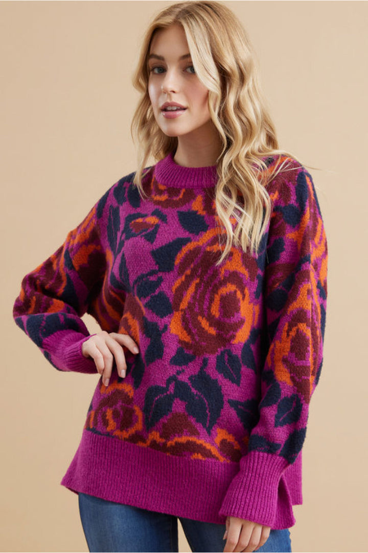 Janelle Flower Print Bubble Sleeved Sweater-Sweaters/Sweatshirts-Inspired by Justeen-Women's Clothing Boutique in Chicago, Illinois