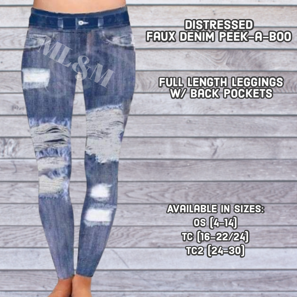 Distressed Faux Denim Peek-a-Boo Full Length-LEGGINGS & CAPRIS-Inspired by Justeen-Women's Clothing Boutique in Chicago, Illinois