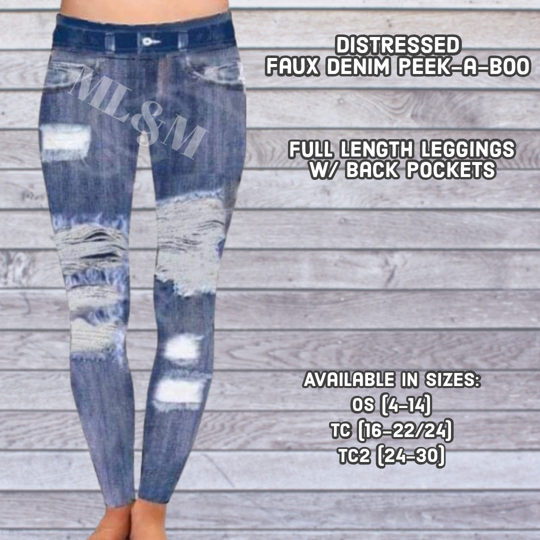 Distressed Faux Denim Peek-a-Boo Full Length-LEGGINGS & CAPRIS-Inspired by Justeen-Women's Clothing Boutique in Chicago, Illinois