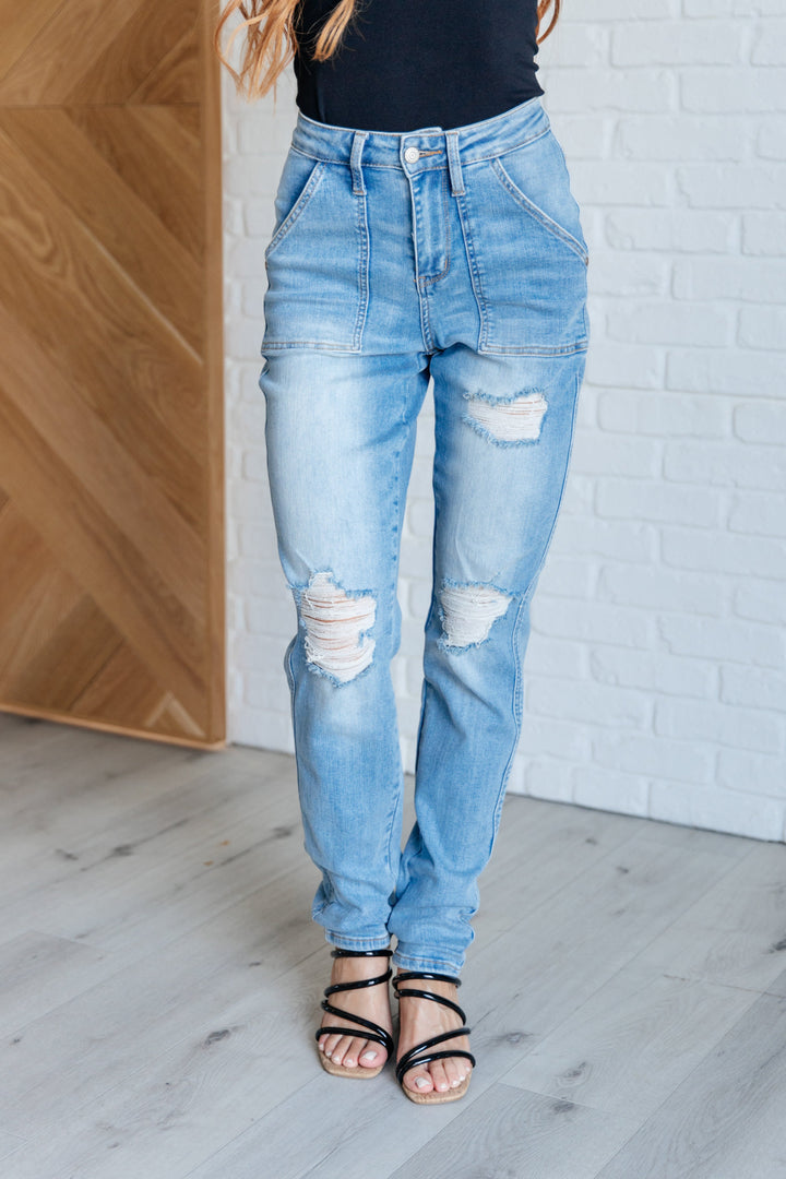 Aiden High Rise Patch Pocket Distressed Boyfriend Jeans-Denim-Inspired by Justeen-Women's Clothing Boutique