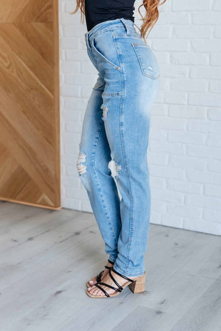 Aiden High Rise Patch Pocket Distressed Boyfriend Jeans-Denim-Inspired by Justeen-Women's Clothing Boutique