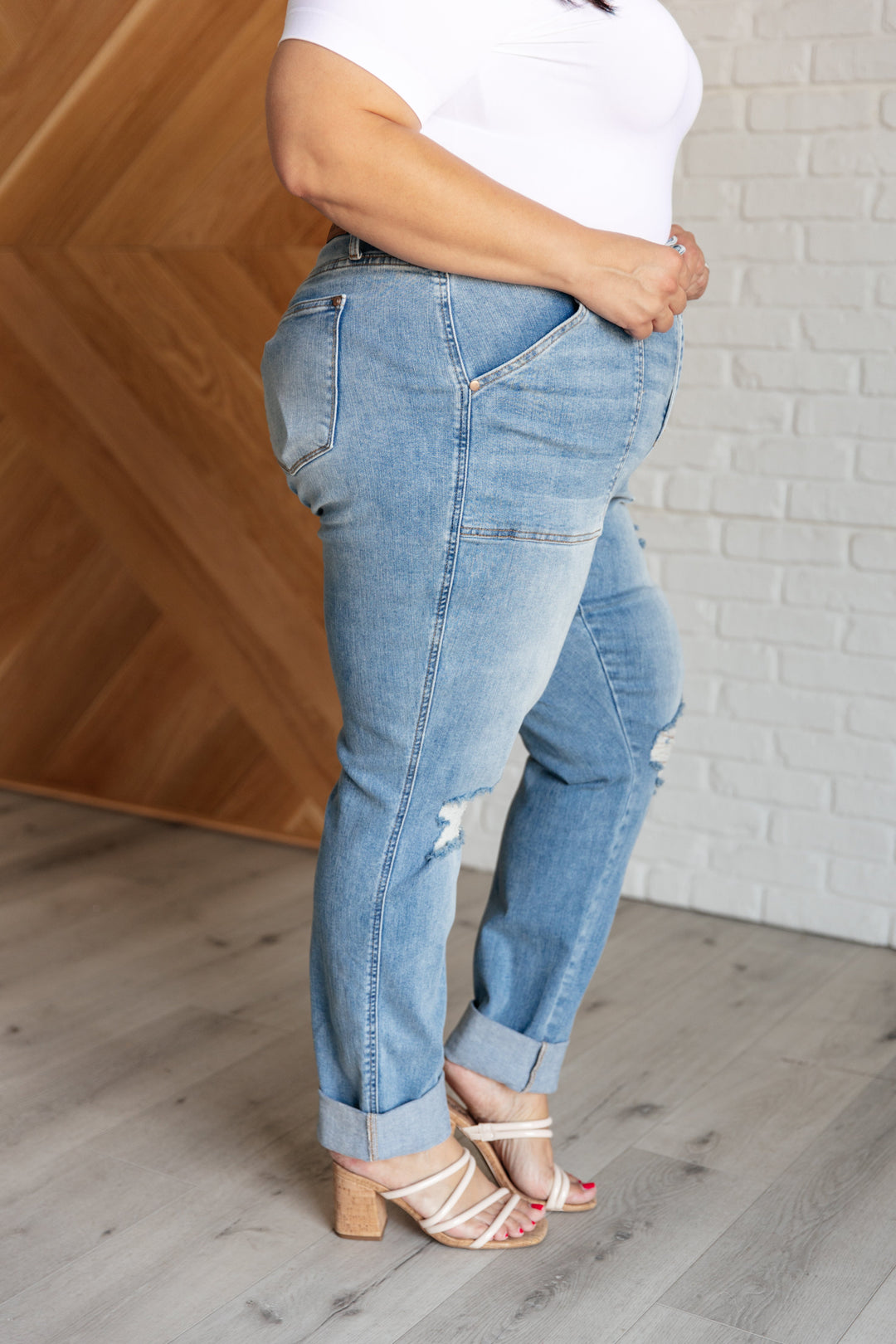 Aiden High Rise Patch Pocket Distressed Boyfriend Jeans-Denim-Inspired by Justeen-Women's Clothing Boutique