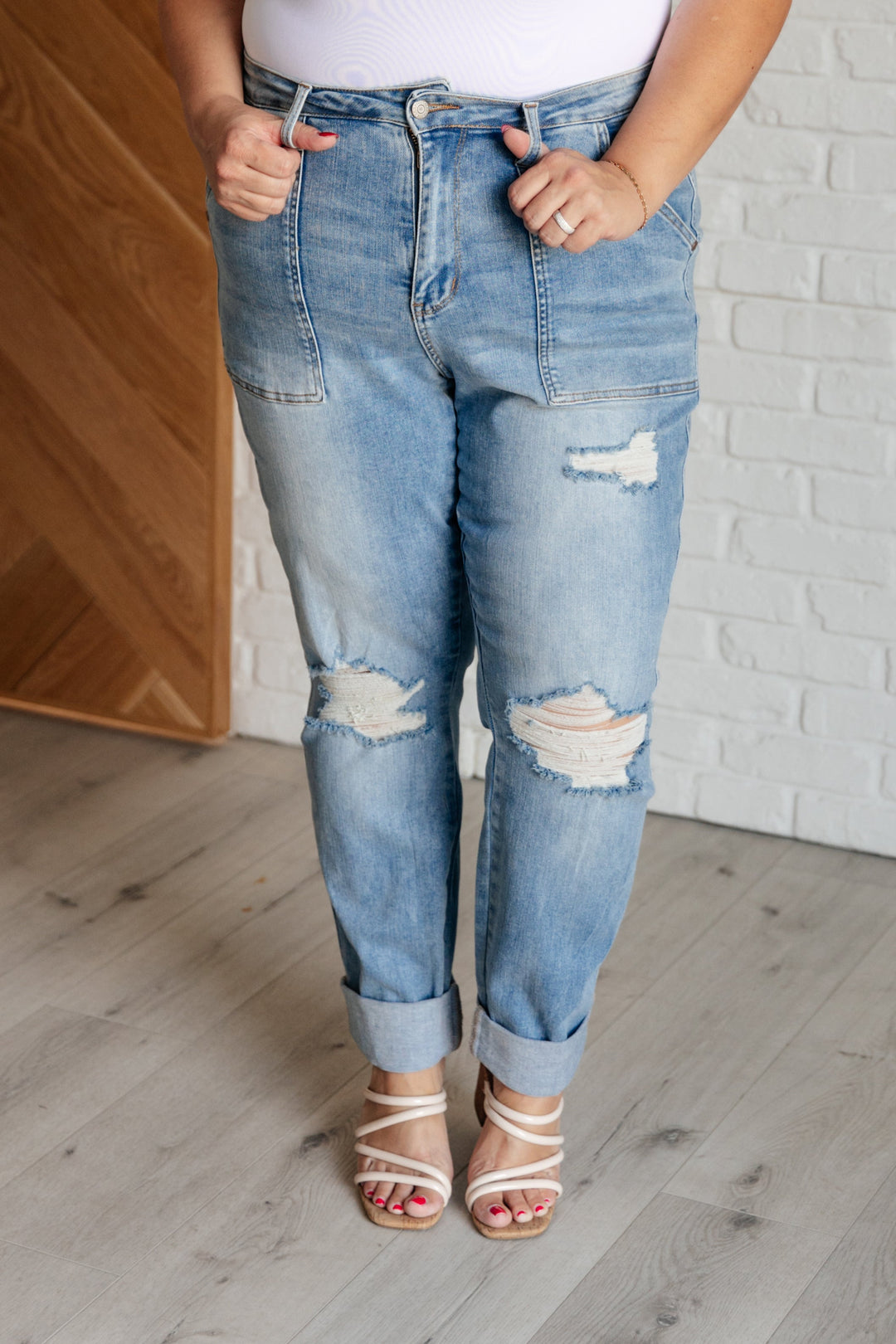 Aiden High Rise Patch Pocket Distressed Boyfriend Jeans-Denim-Inspired by Justeen-Women's Clothing Boutique