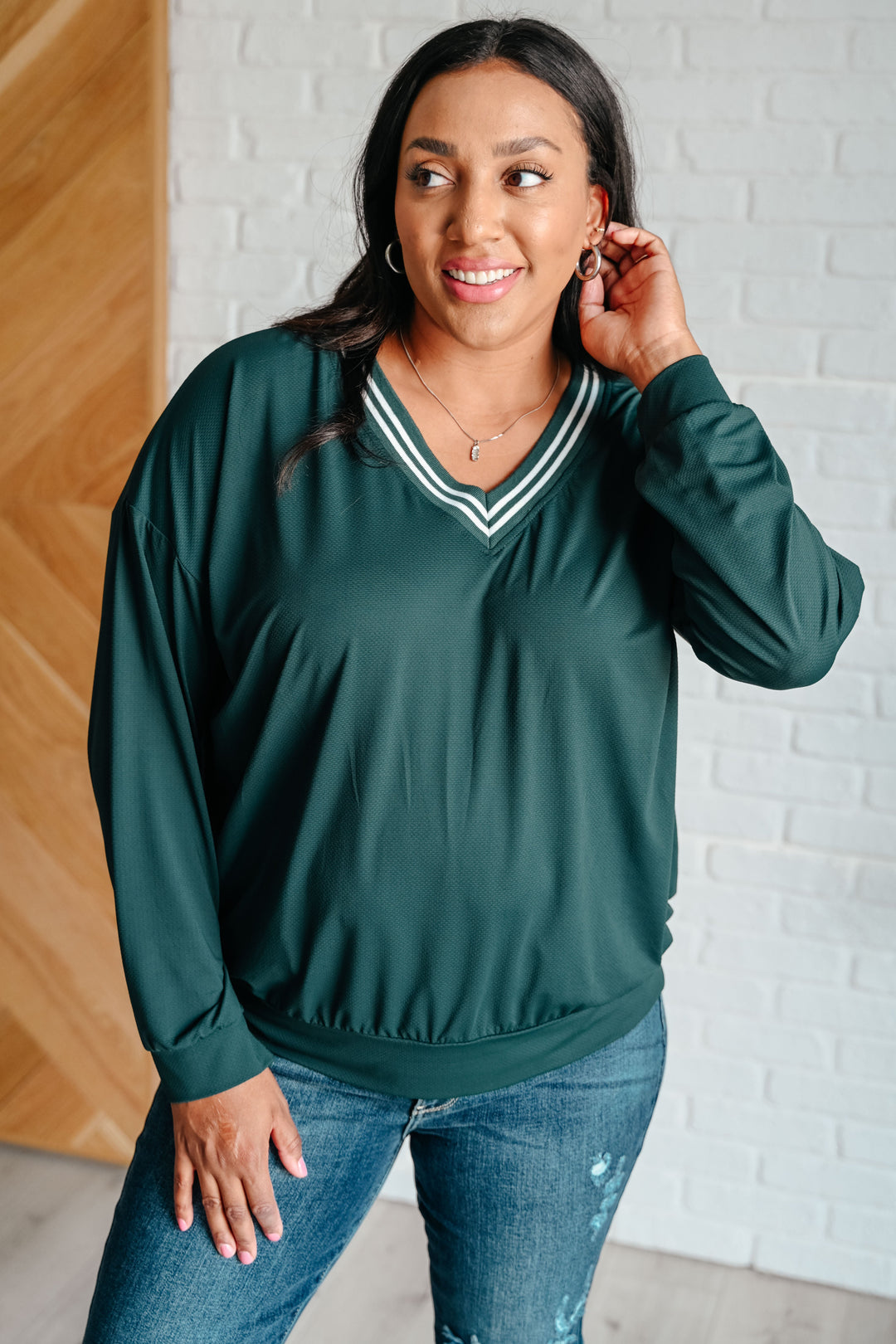 All Out Comfort V-Neck Pullover in Midnight Green-Sweaters/Sweatshirts-Inspired by Justeen-Women's Clothing Boutique