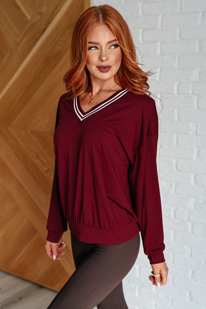 All Out Comfort V-Neck Pullover in Red Merlot-Sweaters/Sweatshirts-Inspired by Justeen-Women's Clothing Boutique