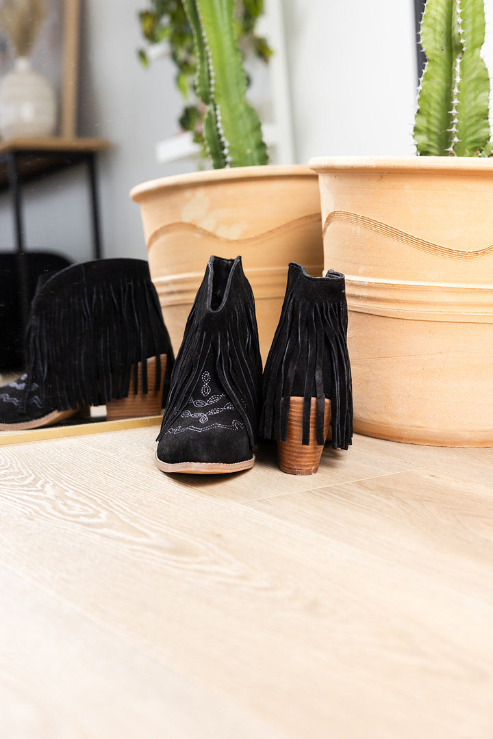 Amos Fringe Ankle Bootie in Black Suede-Shoes-Inspired by Justeen-Women's Clothing Boutique