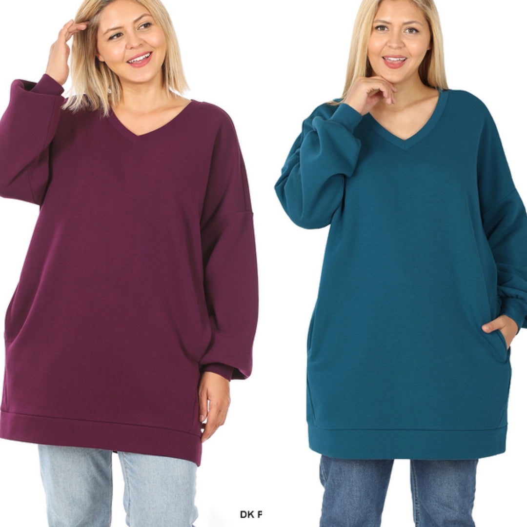 Talia V-neck Longline Sweatshirt-Sweaters/Sweatshirts-Inspired by Justeen-Women's Clothing Boutique in Chicago, Illinois