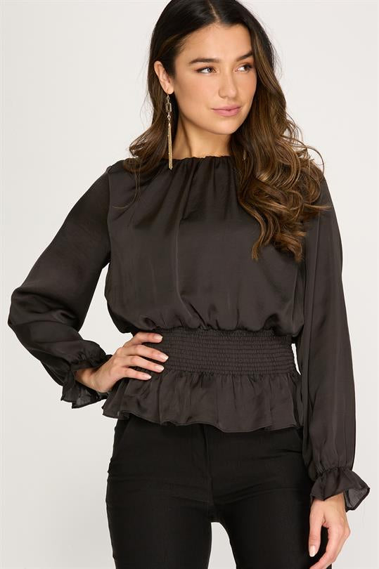 Chelsea Long Sleeve Satin Smocked Top, Black-Long Sleeve Tops-Inspired by Justeen-Women's Clothing Boutique in Chicago, Illinois