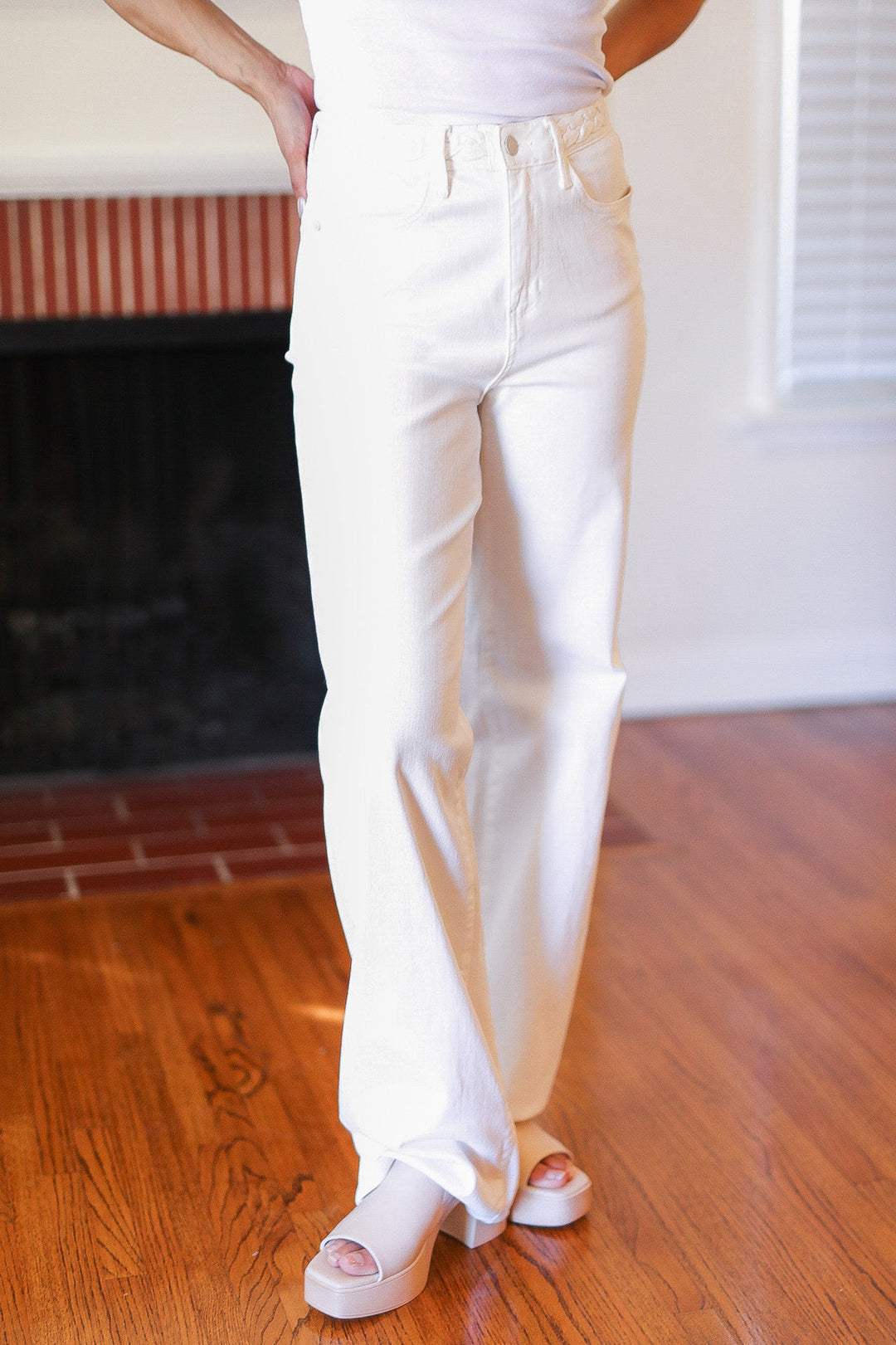 Judy Blue Above & Beyond White Braided Waist Wide Leg Jeans-Inspired by Justeen-Women's Clothing Boutique in Chicago, Illinois