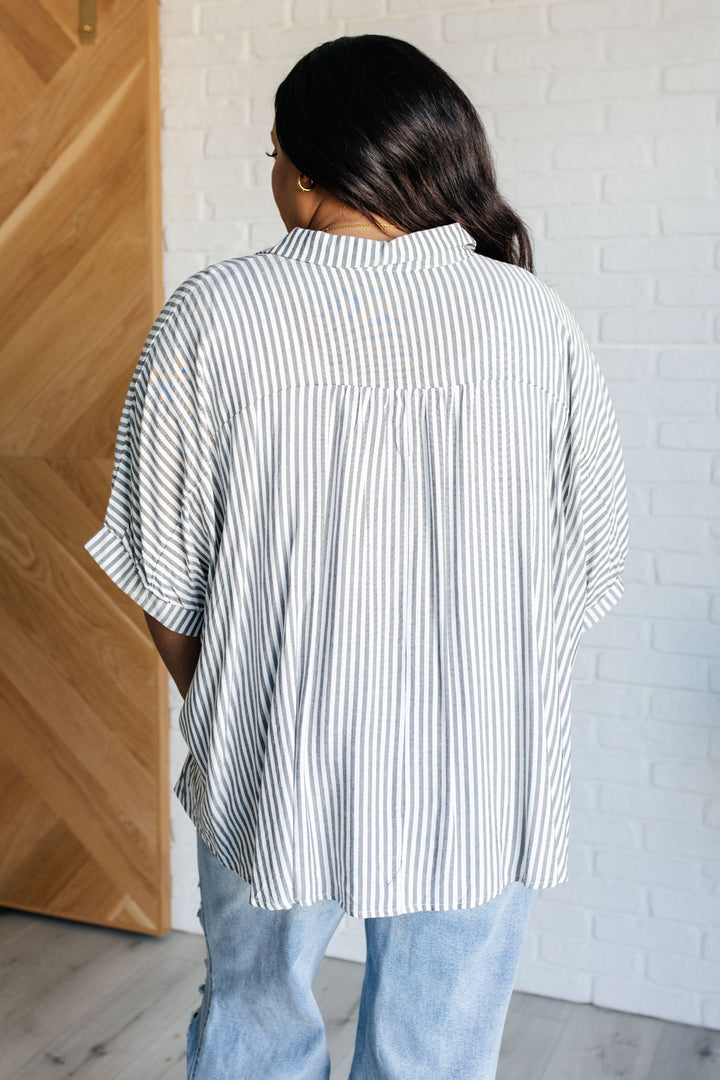 Boxy Striped Button Up in Black-100 Short Sleeve Tops-Inspired by Justeen-Women's Clothing Boutique