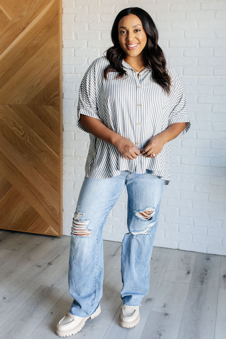 Boxy Striped Button Up in Black-100 Short Sleeve Tops-Inspired by Justeen-Women's Clothing Boutique