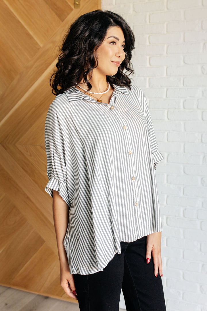 Boxy Striped Button Up in Black-100 Short Sleeve Tops-Inspired by Justeen-Women's Clothing Boutique