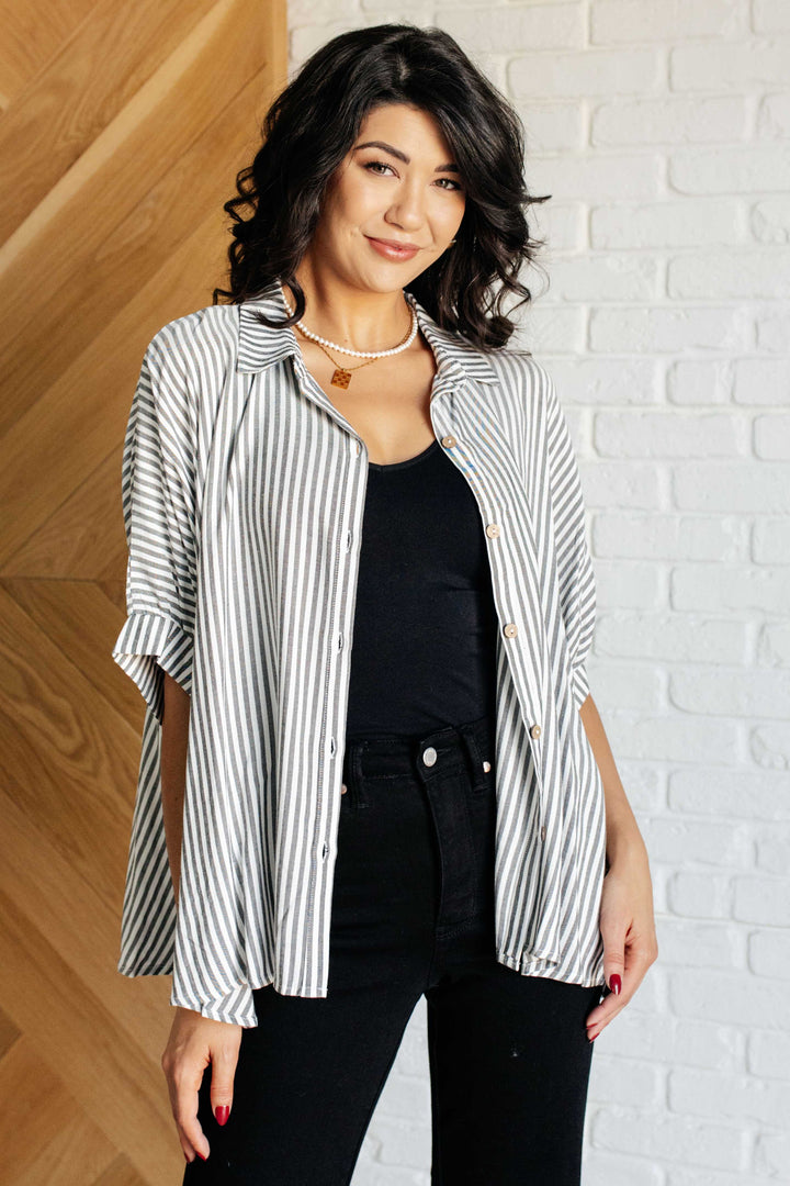 Boxy Striped Button Up in Black-100 Short Sleeve Tops-Inspired by Justeen-Women's Clothing Boutique