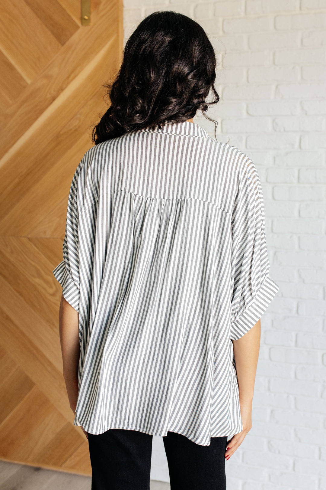 Boxy Striped Button Up in Black-100 Short Sleeve Tops-Inspired by Justeen-Women's Clothing Boutique