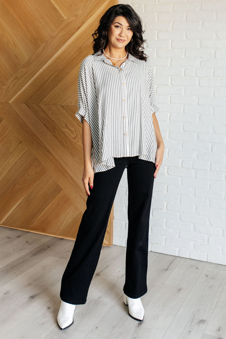 Boxy Striped Button Up in Black-100 Short Sleeve Tops-Inspired by Justeen-Women's Clothing Boutique