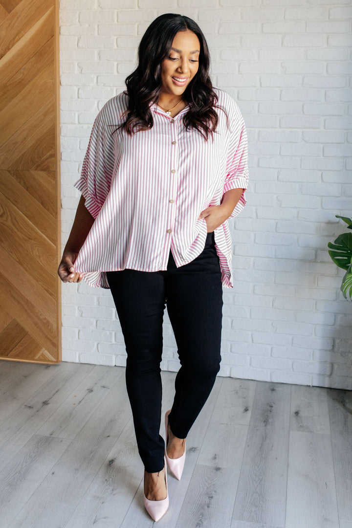 Boxy Striped Button Up in Hot Pink-100 Short Sleeve Tops-Inspired by Justeen-Women's Clothing Boutique