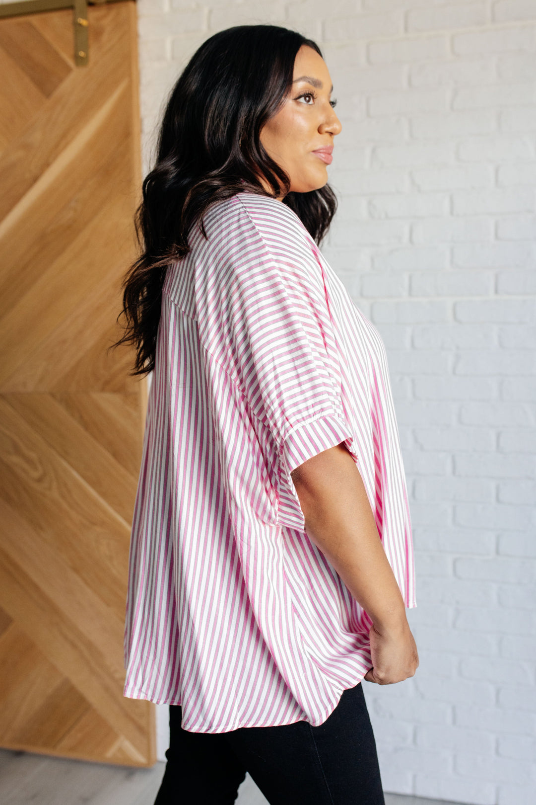 Boxy Striped Button Up in Hot Pink-100 Short Sleeve Tops-Inspired by Justeen-Women's Clothing Boutique