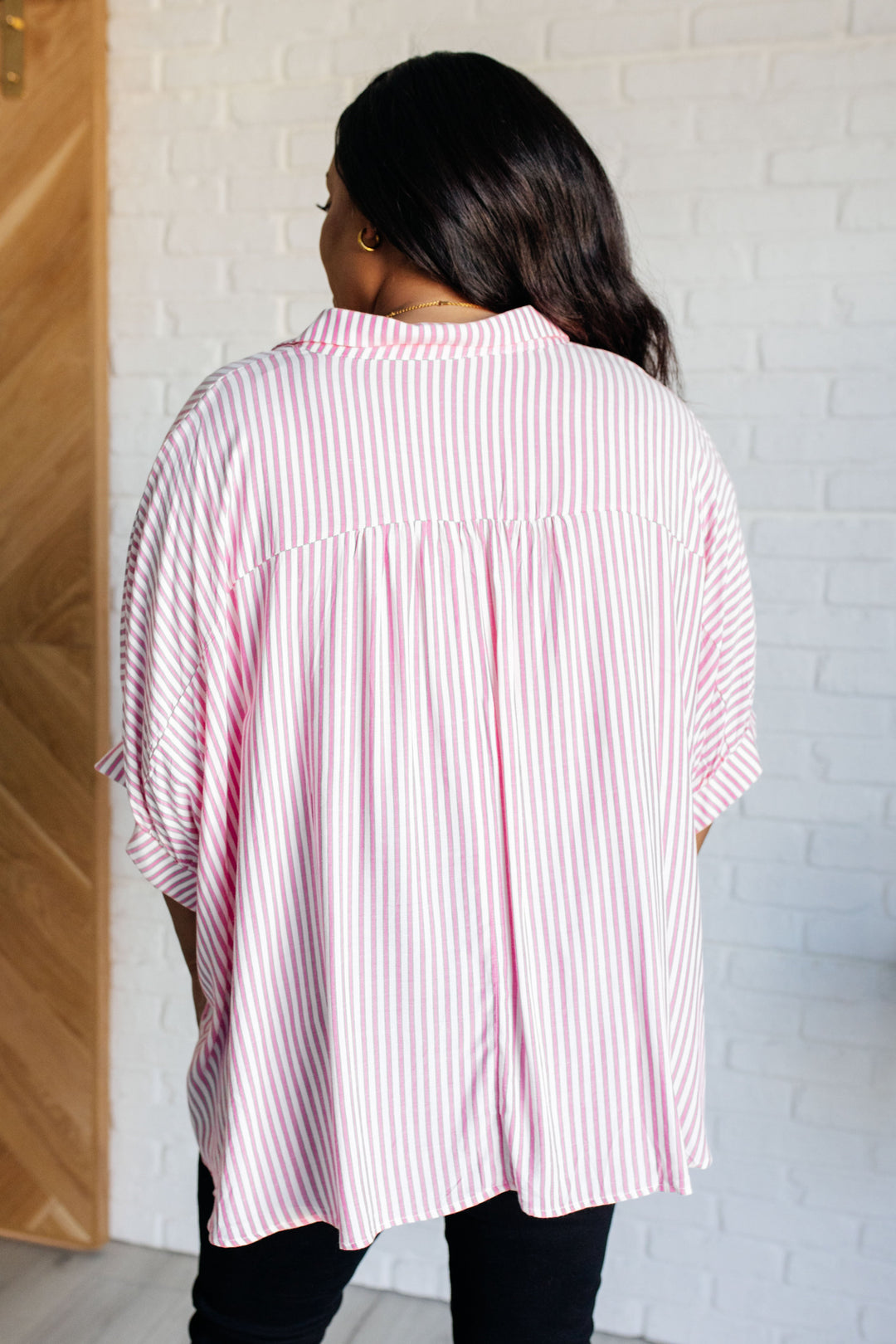 Boxy Striped Button Up in Hot Pink-100 Short Sleeve Tops-Inspired by Justeen-Women's Clothing Boutique