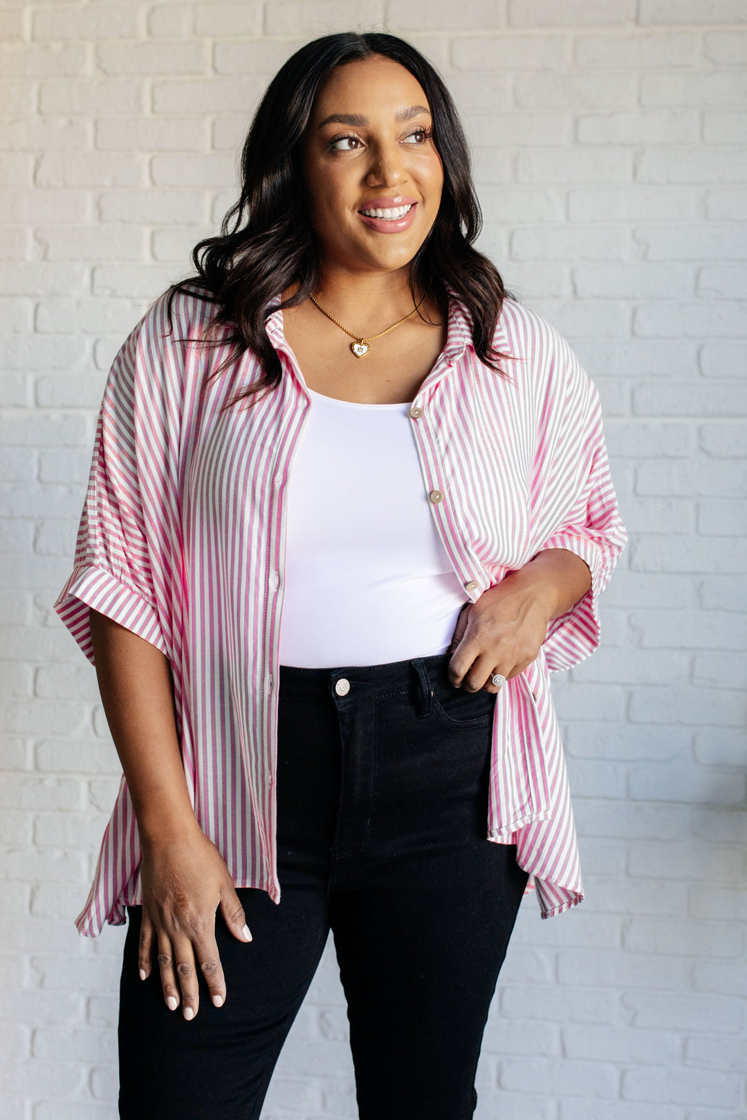 Boxy Striped Button Up in Hot Pink-100 Short Sleeve Tops-Inspired by Justeen-Women's Clothing Boutique