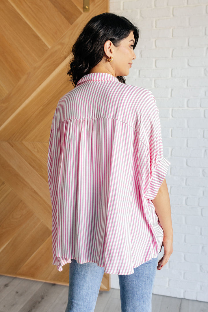 Boxy Striped Button Up in Hot Pink-100 Short Sleeve Tops-Inspired by Justeen-Women's Clothing Boutique