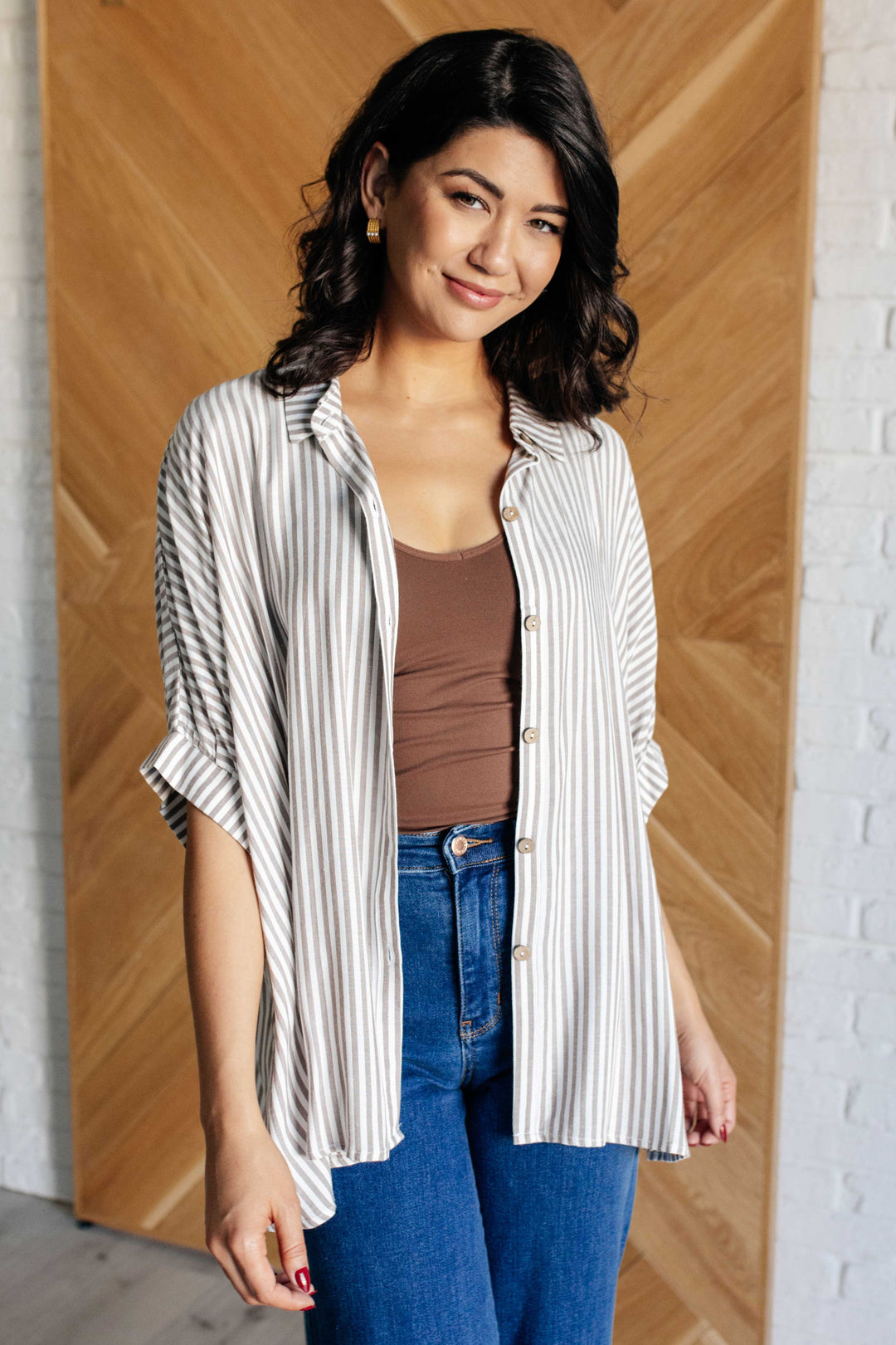 Boxy Striped Button Up in Mocha-100 Short Sleeve Tops-Inspired by Justeen-Women's Clothing Boutique