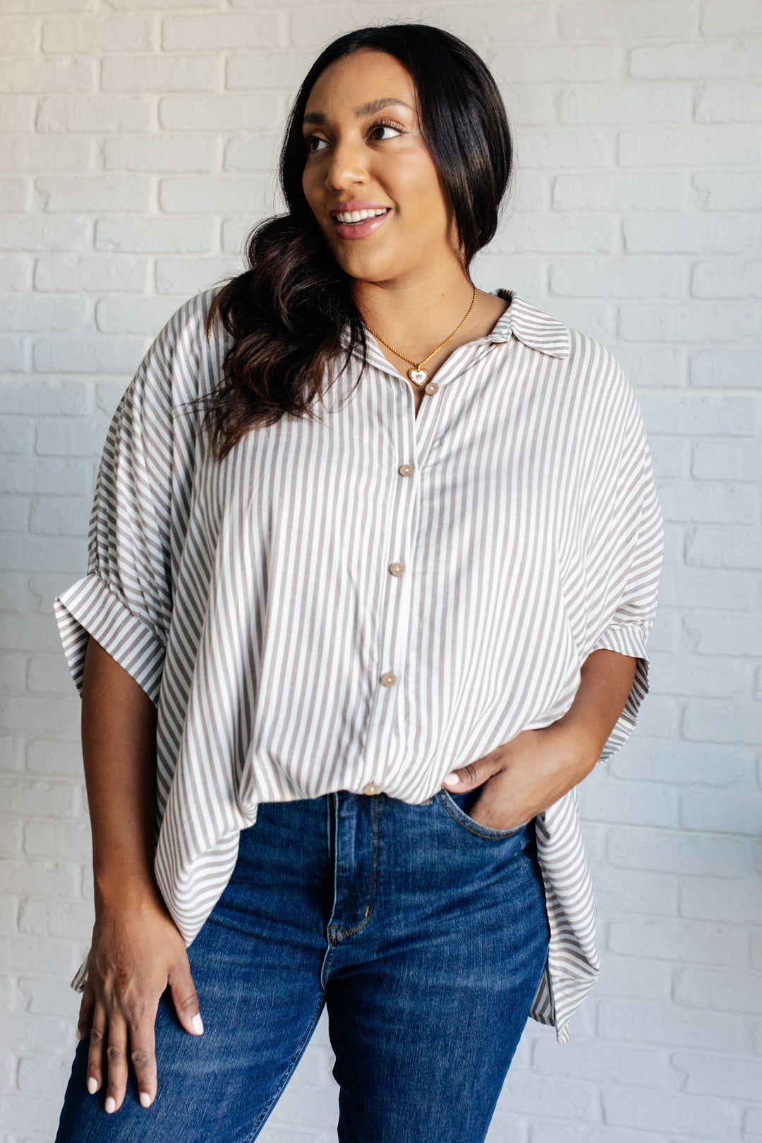 Boxy Striped Button Up in Mocha-100 Short Sleeve Tops-Inspired by Justeen-Women's Clothing Boutique