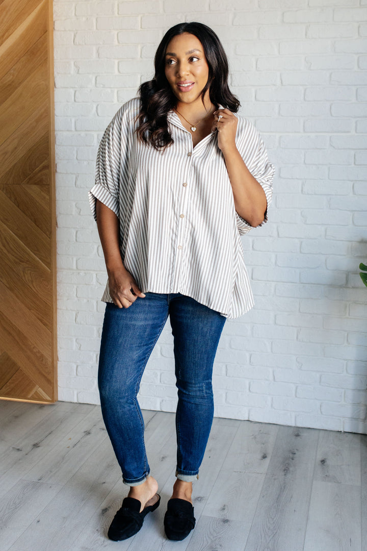 Boxy Striped Button Up in Mocha-100 Short Sleeve Tops-Inspired by Justeen-Women's Clothing Boutique