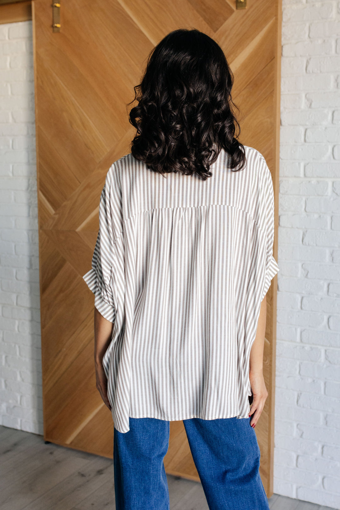 Boxy Striped Button Up in Mocha-100 Short Sleeve Tops-Inspired by Justeen-Women's Clothing Boutique